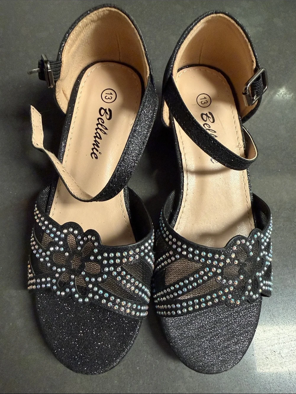 Black Glitter Dress Sandals with Rhinestone Detail